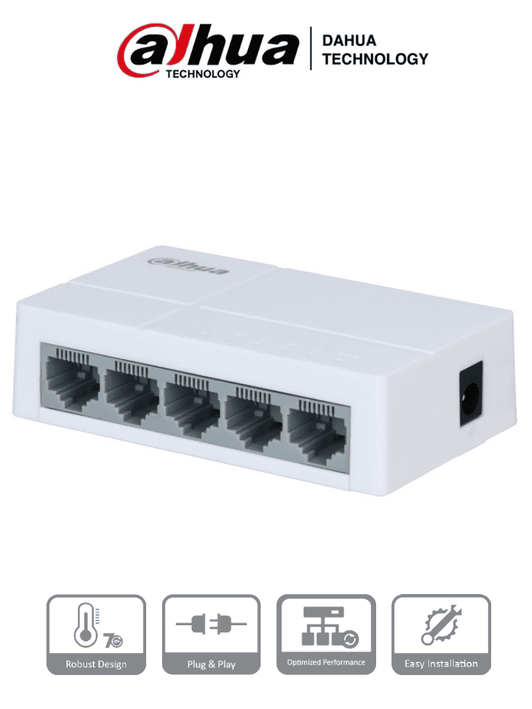 DAHUA DH-PFS3005-5ET-L - Switch para Escritorio 5 Puertos/ Fast Ethernet 10/100/ Diseño Compacto/ Capa 2/ Switching 1 Gbps/ Velocidad de Reenvio de Paquetes 0.744 Mbps/